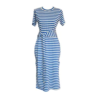 Cinto animal print listrado liso - Vestido mídi com fenda lateral - Listra Azul