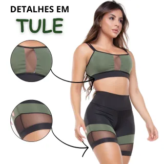 Roupa de Academia Feminina Conjunto Fitness Crossfit Yoga Top e Short - Preto/ Roxo