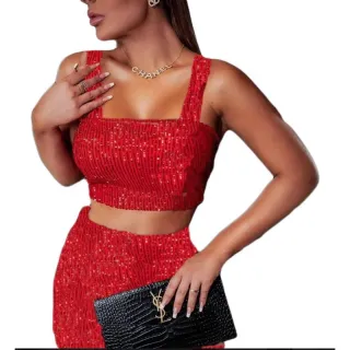 Saia Feminino Luxuoso e Conjunto Cropped em PAÊTE - Rose Golde