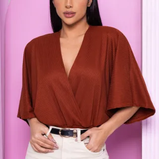 Cropped Feminino Blusa Transpassada Decote V Manga Morcego - Fúcsia