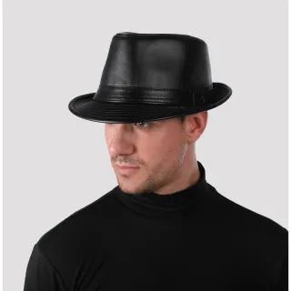 Couro sintético chapéu aba curta fedora - Preto