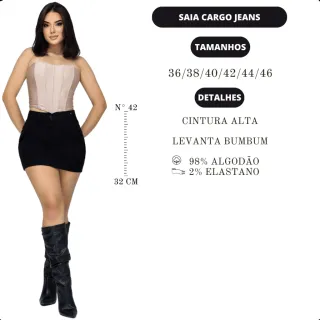 Saia Jeans Feminina Preta Cintura Alta com Bolso Lateral Cargo - 40