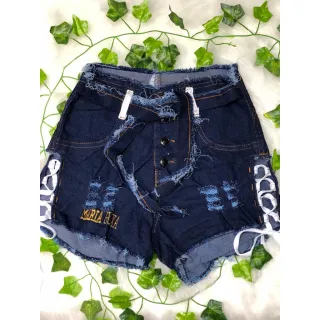 Bermuda Jeans Feminina Vazada com Cadarço - Tendência Verão - JEANS CLARO