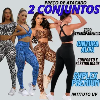 Conjunto Fitness Suplex Premium Feminino: Calças e Tops para Malhação - Kit com 1 ou 2 unidades - 1 PRETO