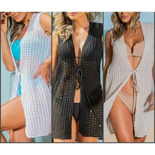 Moda Praia Verão Tricot Kimono Curta Babado Saída de Praia Feminina - Amarelo