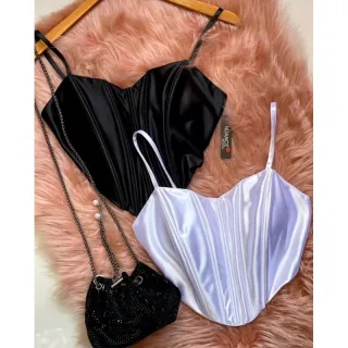 Cropeed Estiloso Malha Prada Com Bojo - Corset de Alça - Preto