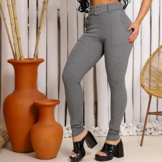 Cinto forrado calça feminina social cintura alta skinny com bolso - Verde Militar