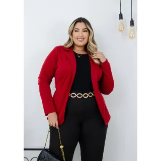 Casaco Blazer Feminino Plus Size em Neoprene - Modelagem Alongada - Rosa Barbie
