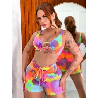 Top com amarração e bojo para academia - Conjunto short cordinha treino-corrida - Camuflado