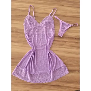 Sensual Camisola Renda Tule com Tanga - Promoção - Preta