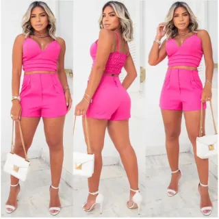 Conjunto croped e shorts alfaiataria com lastex e bolso - Azul