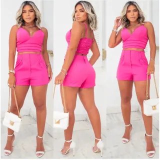 Conjunto croped e shorts alfaiataria com lastex e bolso - Azul