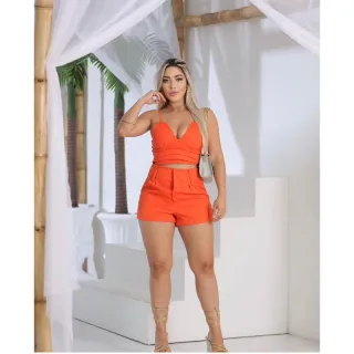 Conjunto croped e shorts alfaiataria com lastex e bolso - Azul