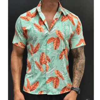 Estampada Verão Masculina Manga Curta Floral Camisa - Laranja florida 1
