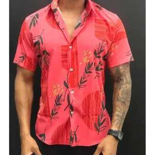 Manga Curta Masculina Estampada Social Camisa - Preto Flowers 4