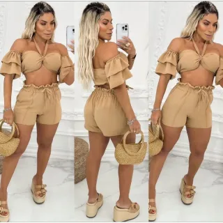 Cropped feminino e short curto conjunto duna - BEJE