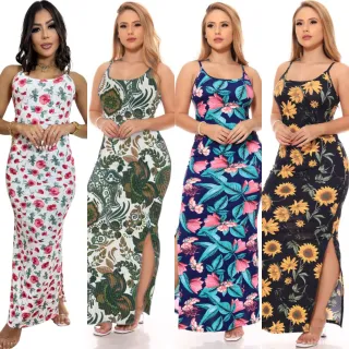 Nova Moda Feminina: Vestido Casual Floral Alça Canelado Versátil