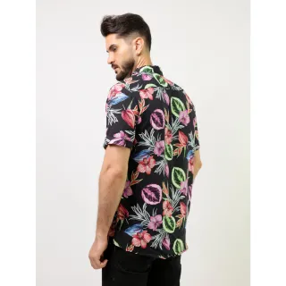 Camisa Floral Masculina Manga Curta - Preto com Flores Grandes - GG