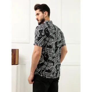 Camisa Manga Curta Masculino Social Floral Preto Branco - G