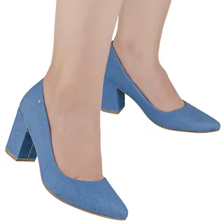Scarpin Feminino Retro Conforto Salto Alto Lóris Bico Fino 8CM Macio - jeans