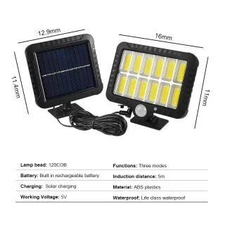 Sensor Presença Luminária Solar de Parede 120 Cob 24W com 3 Funções - Único