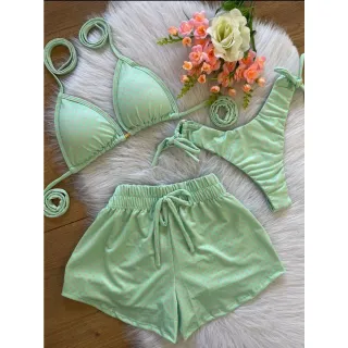 Moda Verão: Conjunto Biquíni Feminino Kit 3 em 1 - Biquine, Shorts e Saída de Praia - CONCHA