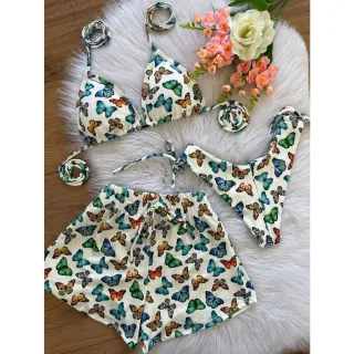Moda Verão: Conjunto Biquíni Feminino Kit 3 em 1 - Biquine, Shorts e Saída de Praia - CONCHA