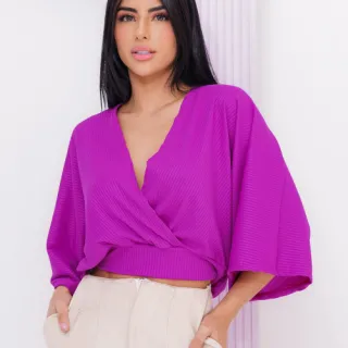 Cropped Feminino Blusa Transpassada Decote V Manga Morcego - Fúcsia