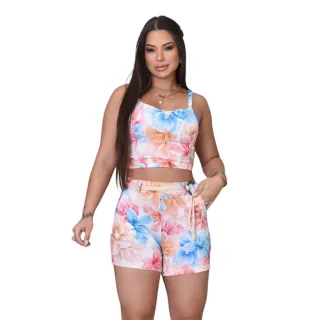 Cropped Estampado Feminino Conjunto Short Bolso - CFC-13