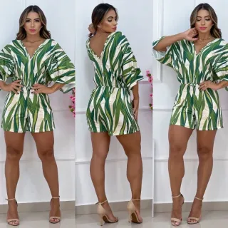 Lançamento Macaquinho Flare Listrado Manga Malha Fria - Moda Feminina - Duas Listras Tiffany