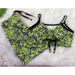Conjunto de short com cordinha + top com bojo para academia - Neon alcinha