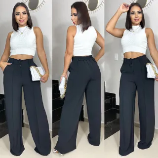 Moda Pantalona Feminina, Calça Alfaiataria Duna Cós Alto Botão Encapado - Verde Oliva