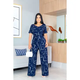 Bolsos Flare Regulável Cinto Pantacourt Longo Feminino Macacão - GEOMETRICO TERRA