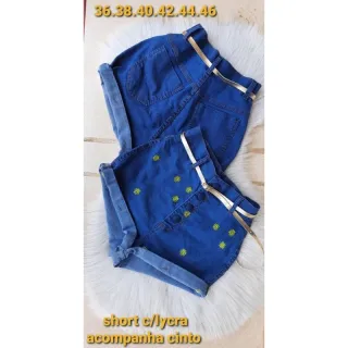 Shorts Lycra Jeans Feminina - Cintura Alta, Botão Encapado, Bordado e Cinto - Oscura bordado love