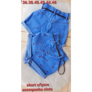Shorts Lycra Jeans Feminina - Cintura Alta, Botão Encapado, Bordado e Cinto