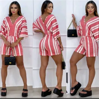 Lançamento Macaquinho Flare Listrado Manga Malha Fria - Moda Feminina - Duas Listras Tiffany