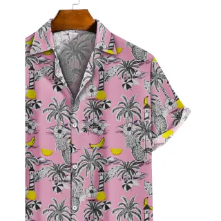 Estampa floral praia: camisa de botão rosa com coqueiros, abacaxis e bananas - P