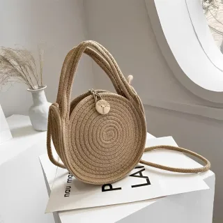 Bolsa redonda de praia feminina em algodão - alça de mão e transversal - Bege