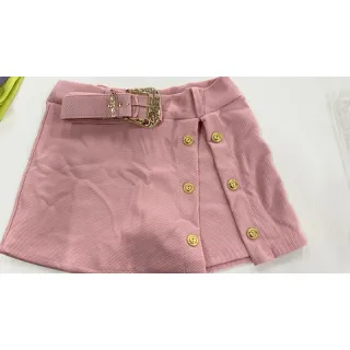 Moda blogueira: Shorts saia de malha pop com botões de luxo e cinto - Pink cinto fivela quadrada
