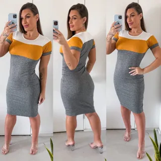 DIANA MC - Vestido Tubinho Midi para Look do Culto e Dia a Dia - CINZA/MOSTARDA