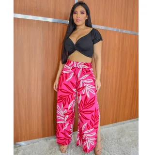 Moda Verão - Calça Feminina Pantalona Viscolinho c/ Fenda Lateral - 4