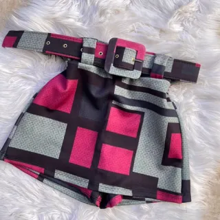 Saia estampada curta em malha suplex com cinto removível - Amarelo