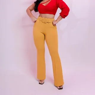 Cinto alta cintura malha flare feminino crepe | Calça boca de sino - Preto