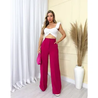 Tendência 2023: Calça Wide Leg Pantalona Feminina Duna com Botão - Azul Marinho(Com forro)