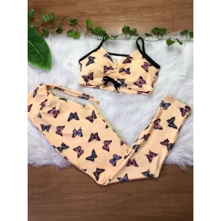 Top com bojo e conjunto de legging com cordinha perfeito para atividades físicas - Borboletas 🦋  top lateral