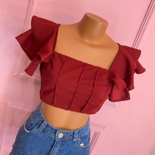 Cropped Amarração Alça Babado Busto Forrado 002 - Preto