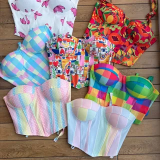 Corset com bojo floral onça amarrar no ombro, colorido e candy colors - 5-bolinha candy