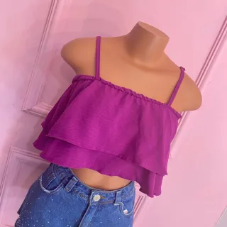 Moda Feminina 2023: Cropped com Camadas de Babados, Alça Gringa - Verde Militar (Air Flow)