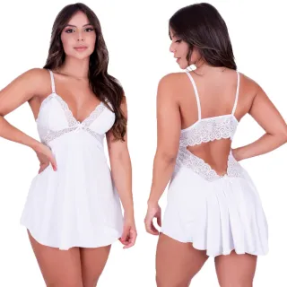 Roupa de Dormir Sensual Renda Camisola Decote Costas - Laranja