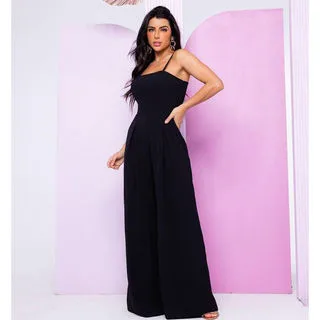 Luxo Macacão Pantalona Alcinha Fechada Costa - Promoção - Preto